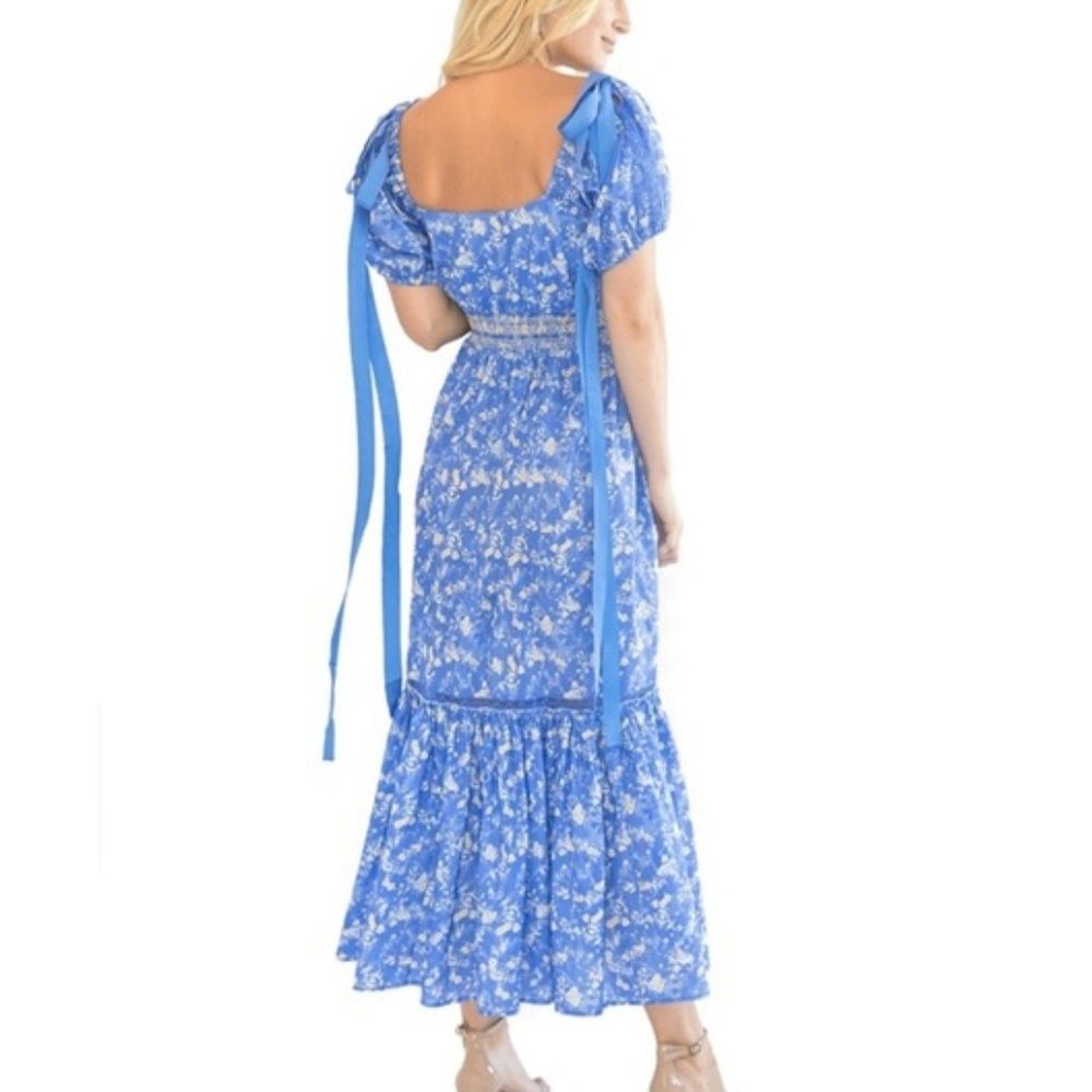 LoveShackFancy Angie Short Sleeve Floral Maxi Dress, Women's Size 4 - Blue Jay - Picture 3 of 13